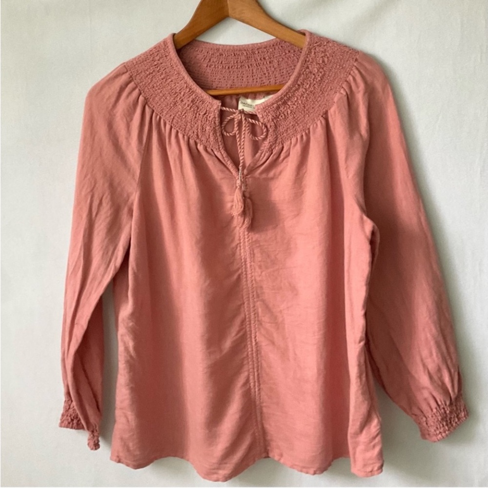 RACHEL ZOE Bohemian Linen Blend Mauve Tie Collar Women's Blouse Size Large